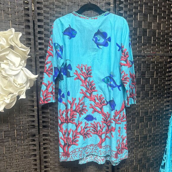 Soft Surroundings Fish Print Blue Aline Cotton Tunic Dress Size Medium - Picture 6 of 6